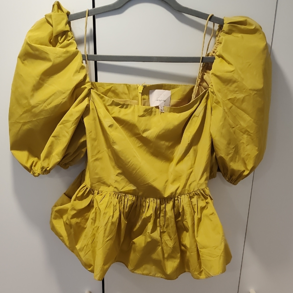 Cinq a Sept Yellow Puff Sleeve Peplum Blouse